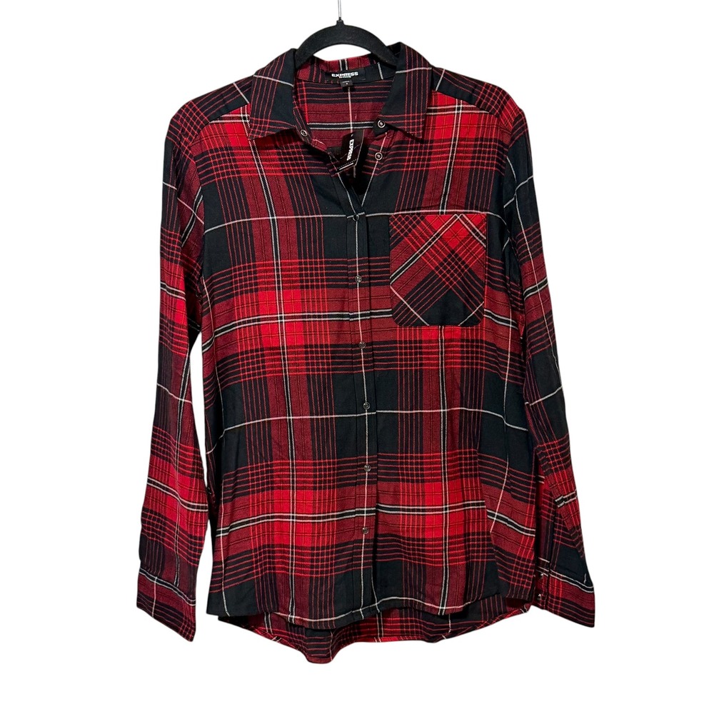 Express Boyfriend Plaid Button Down Shirt Red Black Tartan Cotton Blend Small